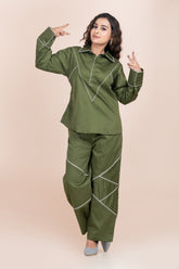 RUNNING STITCH-OLIVE GREEN CORD SET